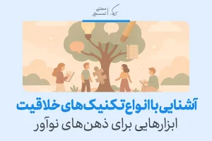 تصویر نشان‌دهنده گروهی در حال یادگیری کنار درخت نمادین ایده‌هاست که به آشنایی با تکنیک های خلاقیت و ذهن نوآور اشاره می‌کند