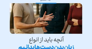 تصویر چند نفر در حال گفتگو که حرکات دست نقش مهمی در انتقال احساس دارند و نمونه‌ای از زبان بدن دست ها را نشان می‌دهند.