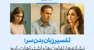 تصویر نشان‌دهنده تفاوت‌های زبان بدن سر است که می‌تواند احساسات مختلف مانند نگرانی، تفکر یا آرامش را بیان کند.