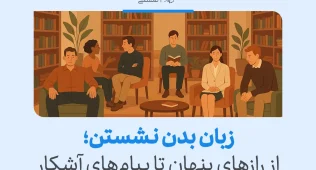 تصویری از یک گروه از افراد در یک محیط کتابخانه‌ای است که در حال گفتگو یا مطالعه هستند. این تصویر به زبان بدن نشستن و ارتباطات غیرکلامی اشاره دارد.