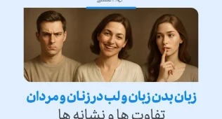 تصویر تفاوت‌های زبان بدن لب در زنان و مردان را نشان می‌دهد، که شامل حالات مختلف صورت و اشاره‌های غیرکلامی است.