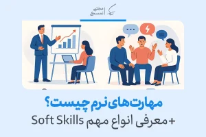تصویر نشان‌دهنده یک جلسه کاری است که در آن مهارت‌های نرم مانند ارتباط مؤثر و کار تیمی به وضوح مشاهده می‌شود.
