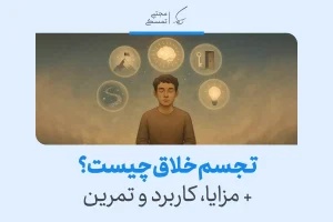 تصویرسازی مفهومی از فردی در حال تمرکز بر تجسم خلاق با نمادهایی از ایده‌ها، موفقیت و کشف.
