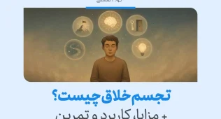 تصویرسازی مفهومی از فردی در حال تمرکز بر تجسم خلاق با نمادهایی از ایده‌ها، موفقیت و کشف.