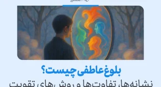 مردی در جنگل به آینه‌ای با چهره‌های رنگی نگاه می‌کند که نشانه‌ای از درک احساسات و بلوغ عاطفی را نشان می‌دهد.