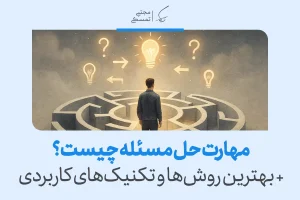 تصویری از یک فرد در دالان لبریز از علامت‌های سوال و چراغ‌های ایده، که به حل مسئله و پیدا کردن راه‌حل‌های مناسب می‌اندیشد.