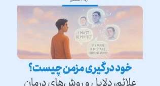 مردی به افکار منفی در ذهنش نگاه می‌کند و جملات سرزنش‌آمیز در اطراف او شناورند که نشانه‌های سندرم خود درگیری مزمن را نشان می‌دهد.