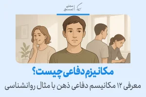 تصویر گروهی از افراد با حالت‌های مختلف چهره برای معرفی مفهوم مکانیزم دفاعی ذهن و آشنایی با ۱۲ نوع مکانیزم روان‌شناسی طراحی شده است.