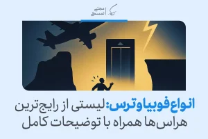 تصویر فردی وحشت‌زده از هواپیما، ارتفاع و آسانسور، نمایانگر انواع فوبیا و ترس‌های شایع انسان است که توضیح داده می‌شود.